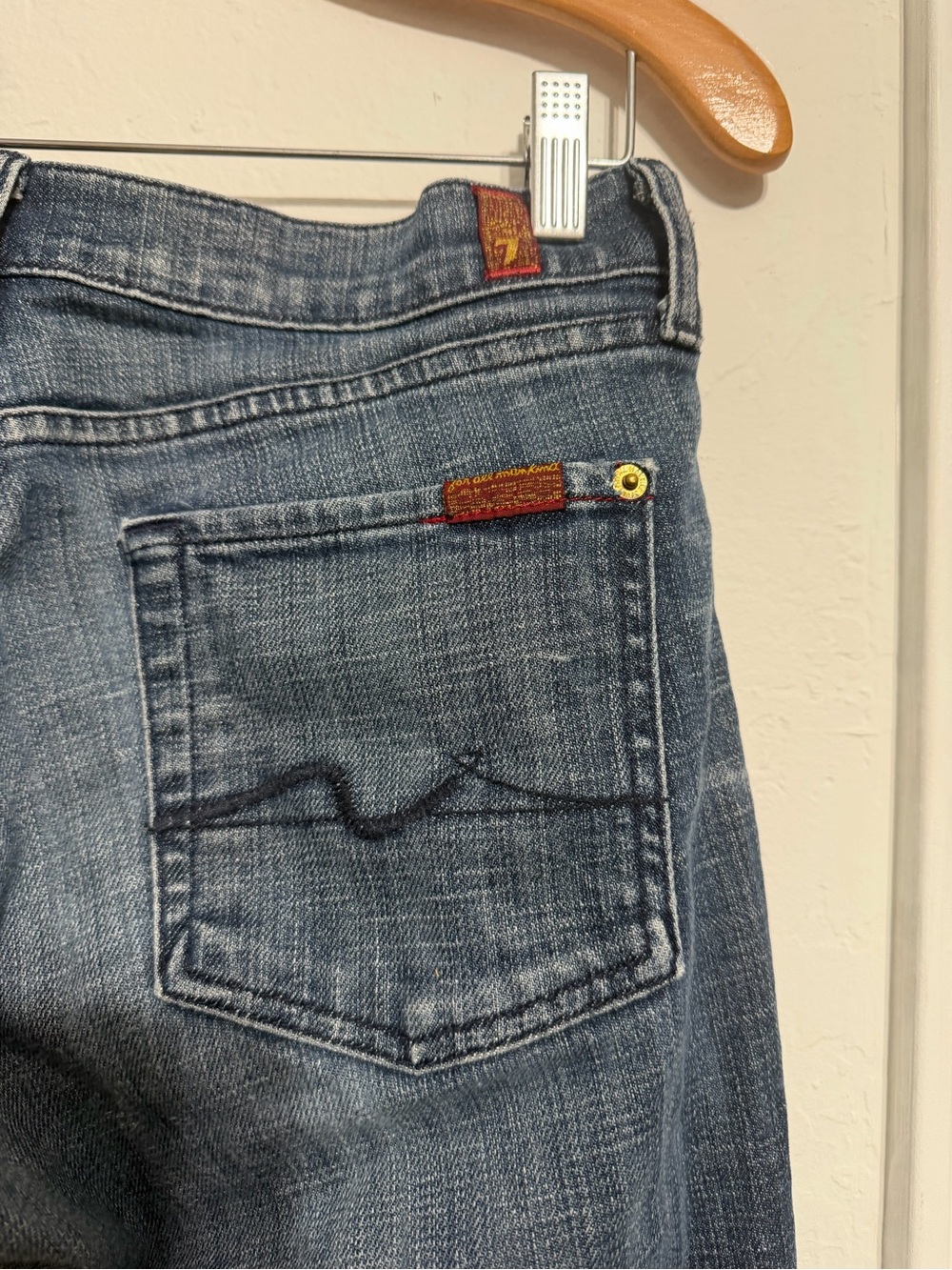7 For All Mankind Women's Light Blue Flare Jeans with Red Tab Accent